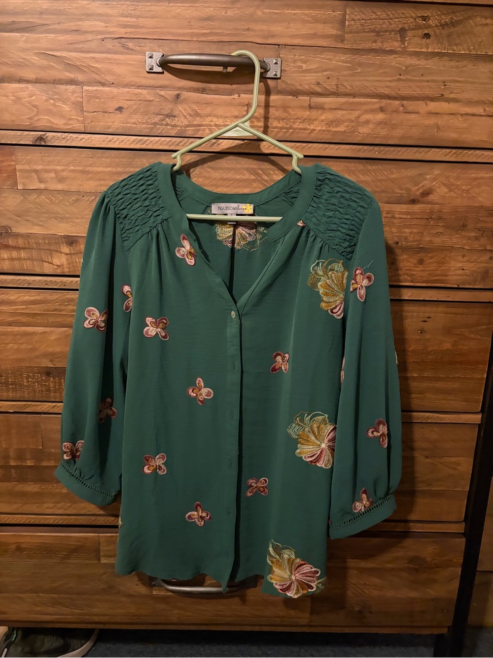 Forest Green Floral Embroidered Button-Front Blouse